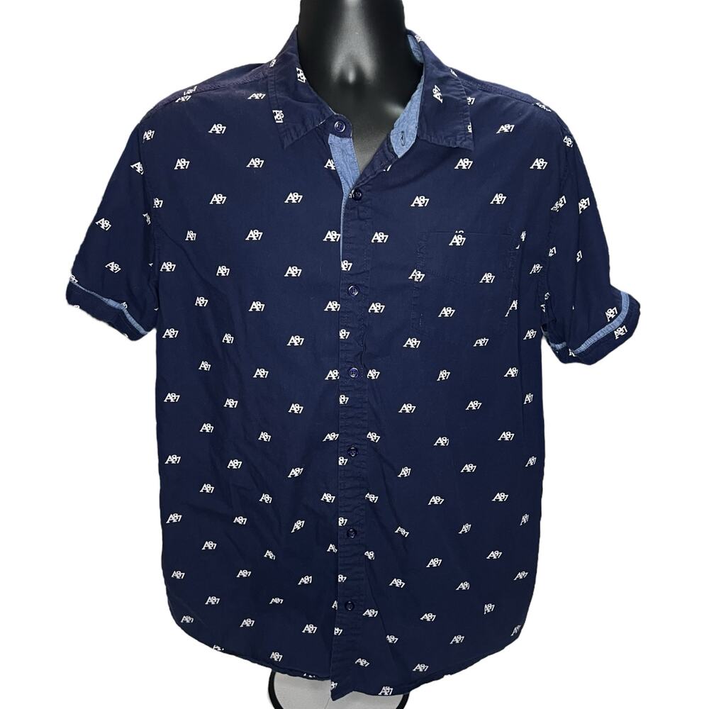 Aeropostale A87 Men’s Short Sleeve Button Up Shirt Large Navy Blue All Over Logo